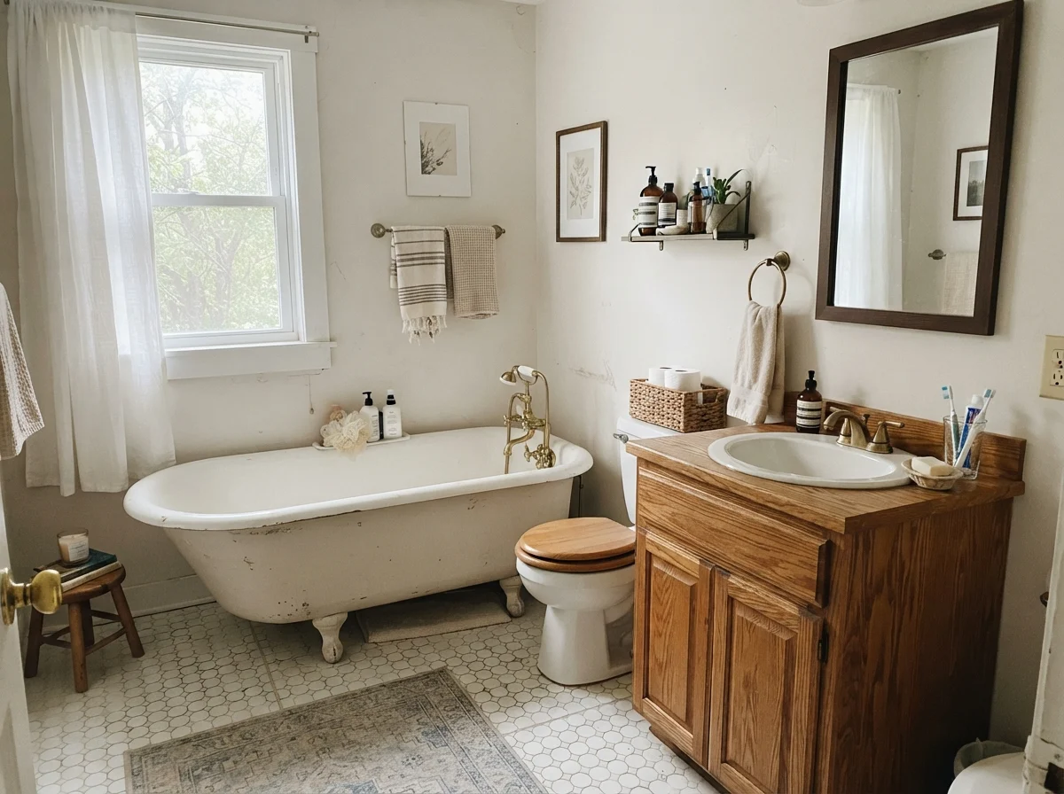 Cottage bathroom with clawfoot tub, oak vanity, and painted cream walls.