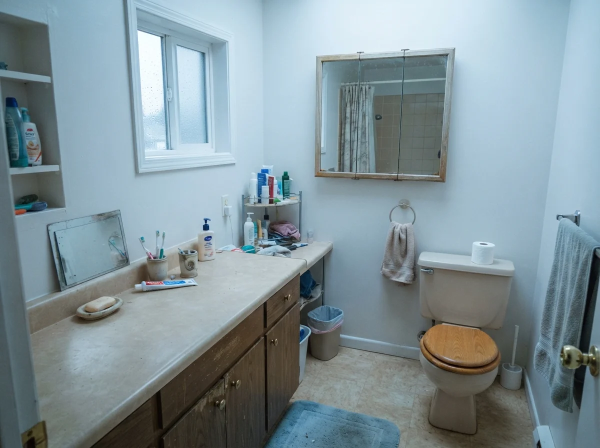 Dated bathroom showing cream walls taking on a cool overcast cast.
