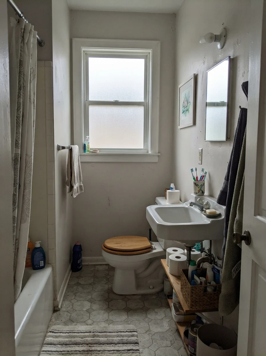 Small bathroom with muted off-white walls under gray daylight.