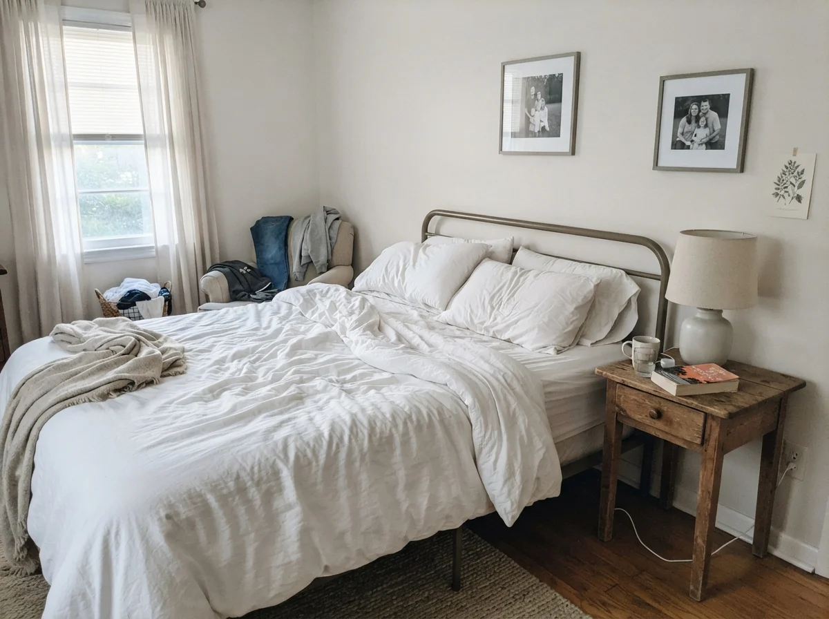 Bedroom in cool morning light with unmade bedding and pale cream walls.