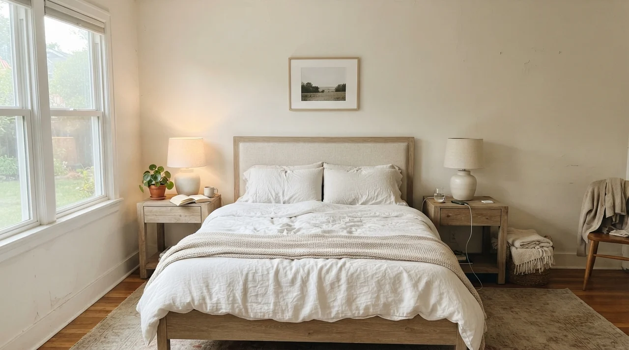 Main bedroom with warm off-white walls, pale oak tables, and white linen.