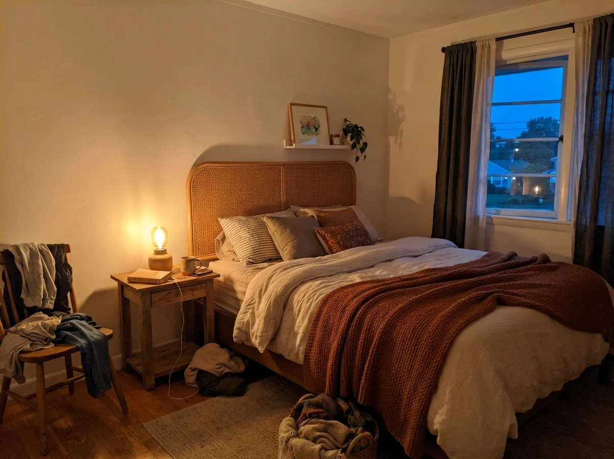 Bedroom at night with warm lamp light illuminating cream walls.