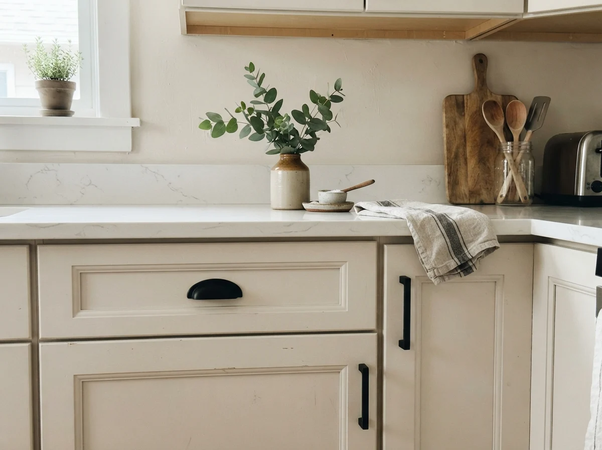Close-up of cream shaker cabinets with matte black hardware and white quartz.