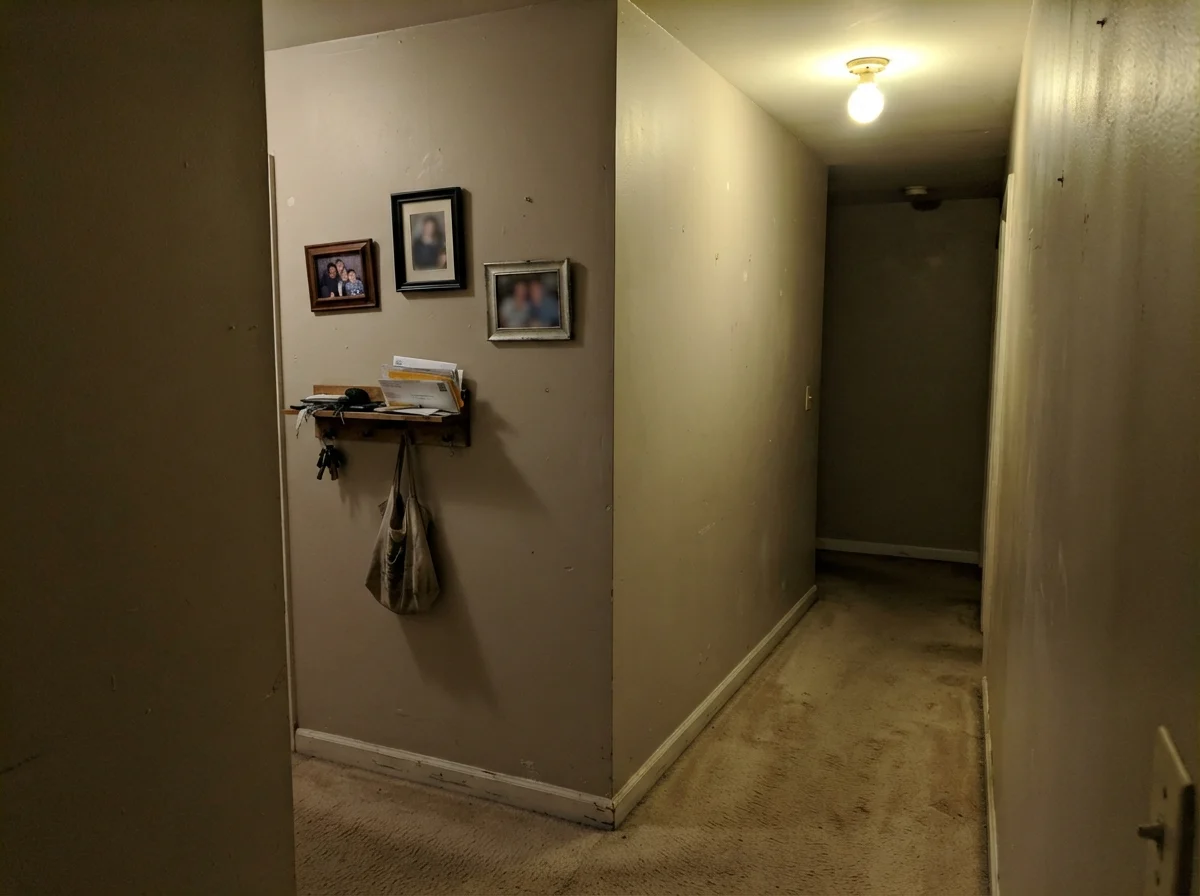 Dim hallway corner where cream paint appears dull and muddy under low light.