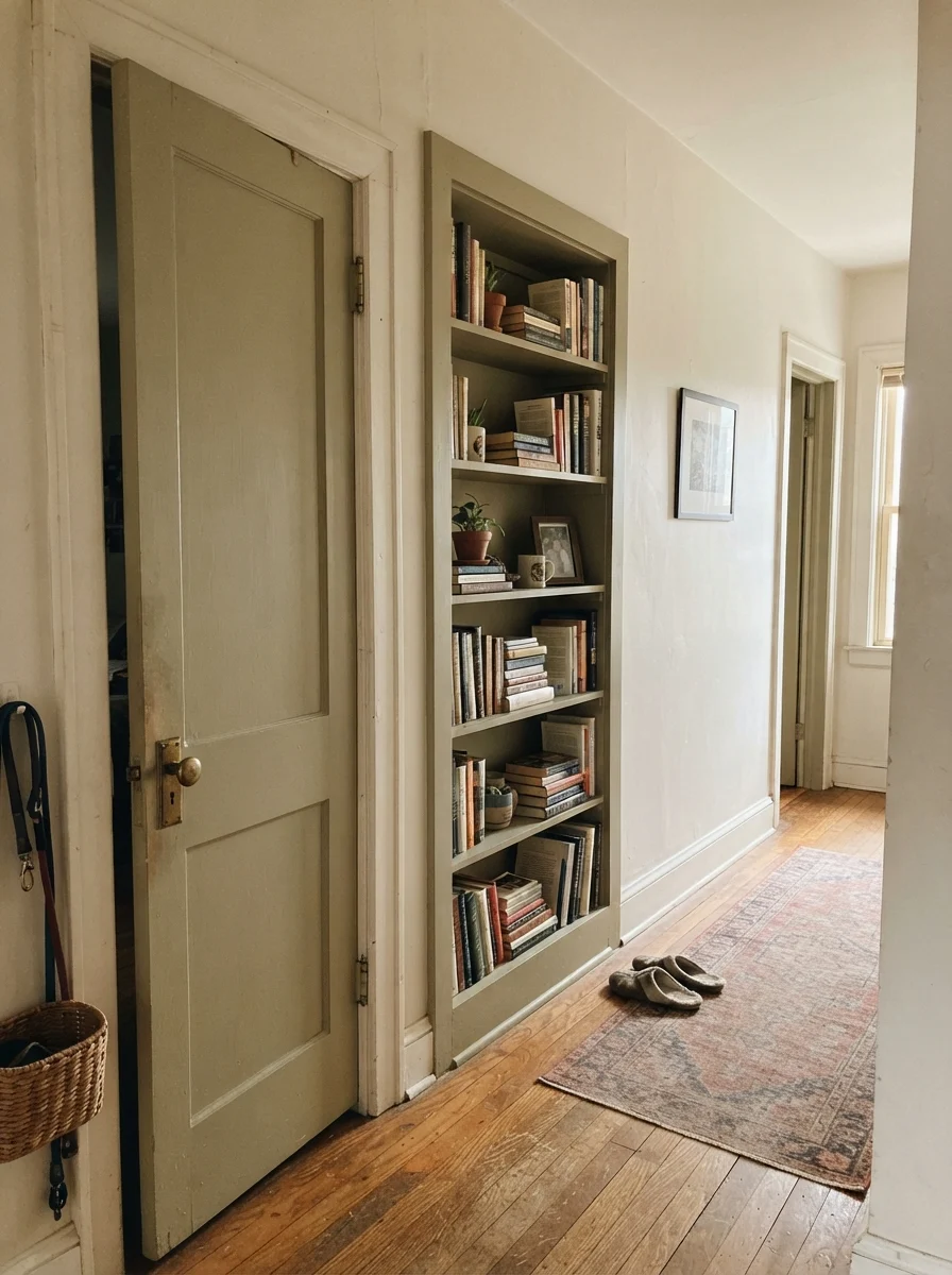 Hallway with painted interior door and built-in bookshelf in warm off-white.