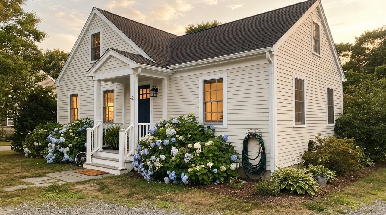 House exterior with warm cream siding, dark navy front door, and porch.