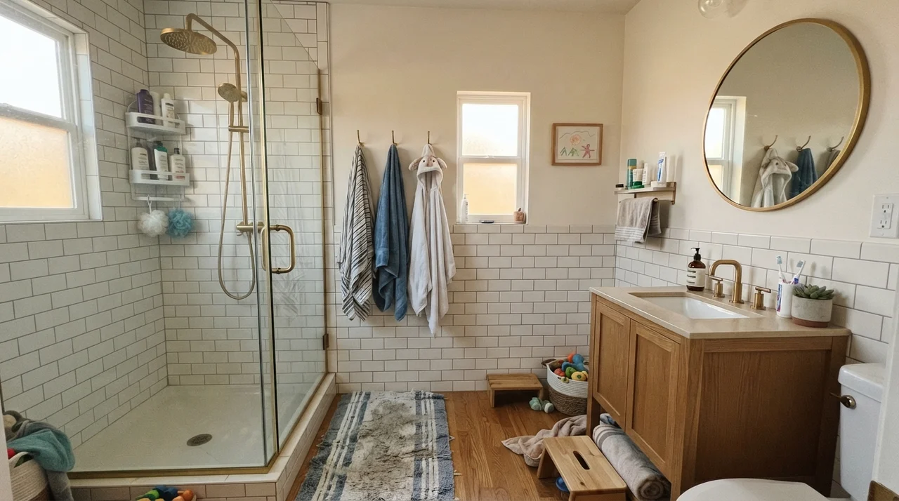 Family bathroom with cream walls above white subway tile wainscot and brass fixtures.