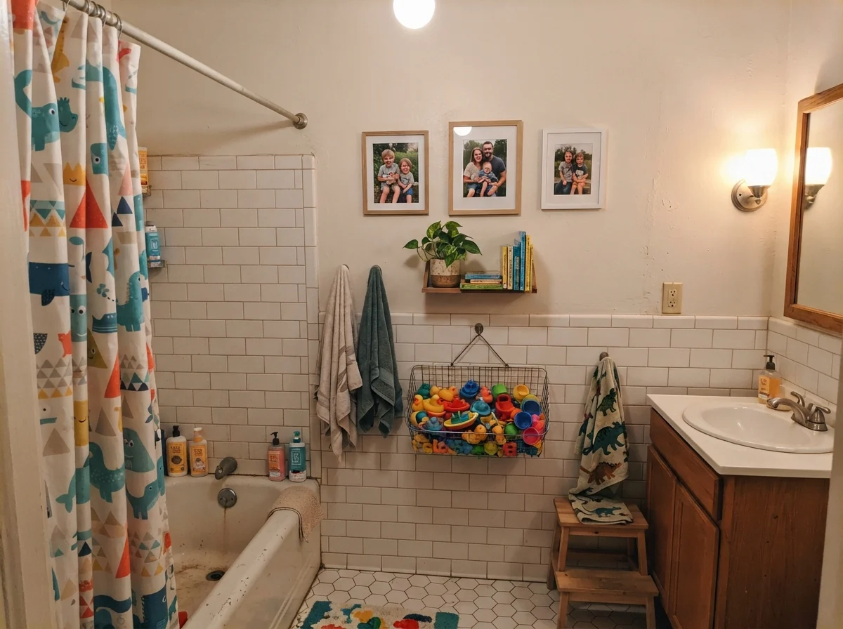 Kids' bathroom with upper cream walls and subway tile lower walls.