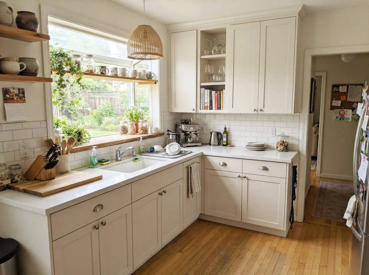 Kitchen shaker cabinets painted soft warm white with light oak flooring.