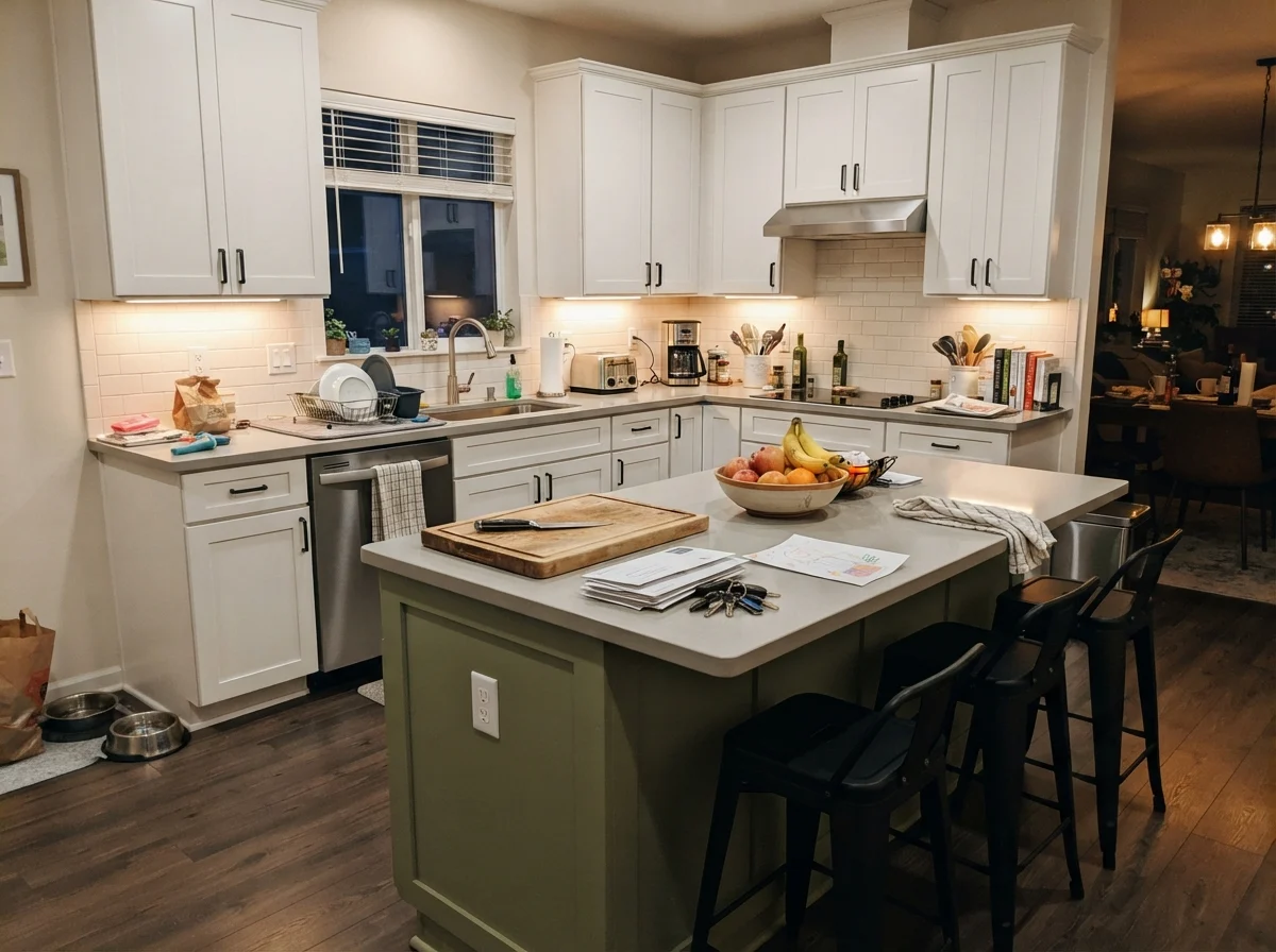 Kitchen island in soft cream with surrounding white cabinets.