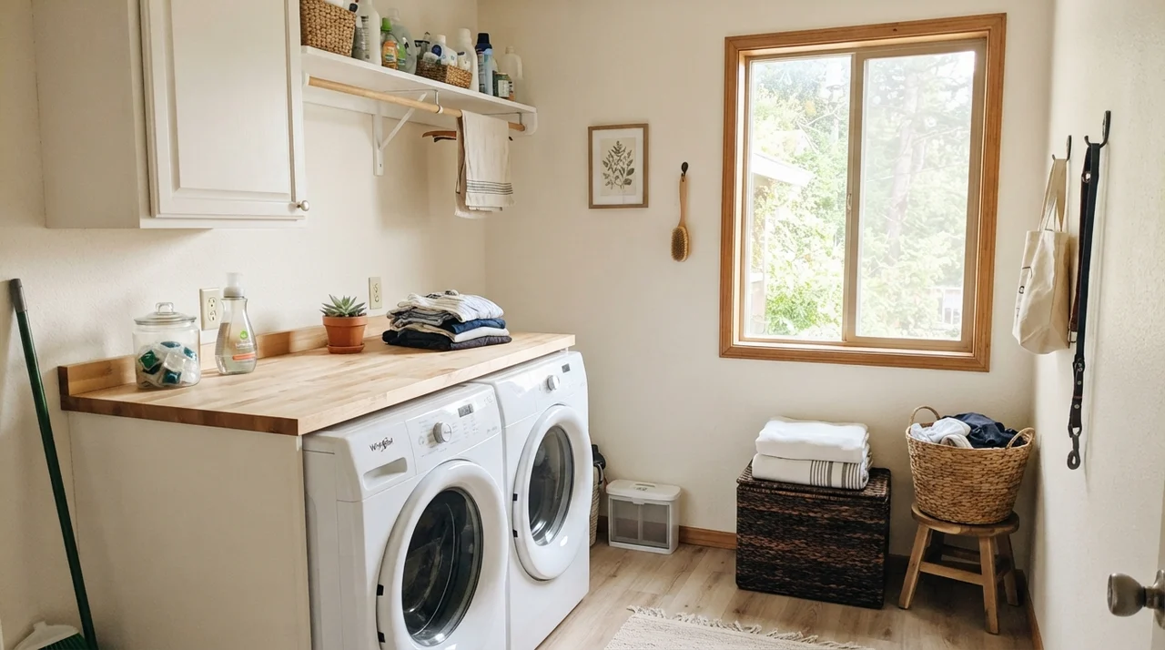 Bright laundry room with cream walls and butcher block countertop.