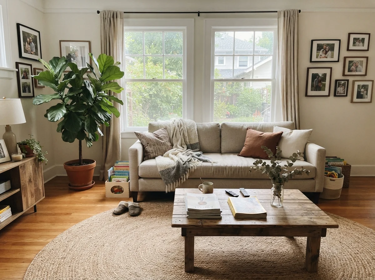 Sunlit living room with cream walls, linen couch, and jute rug.