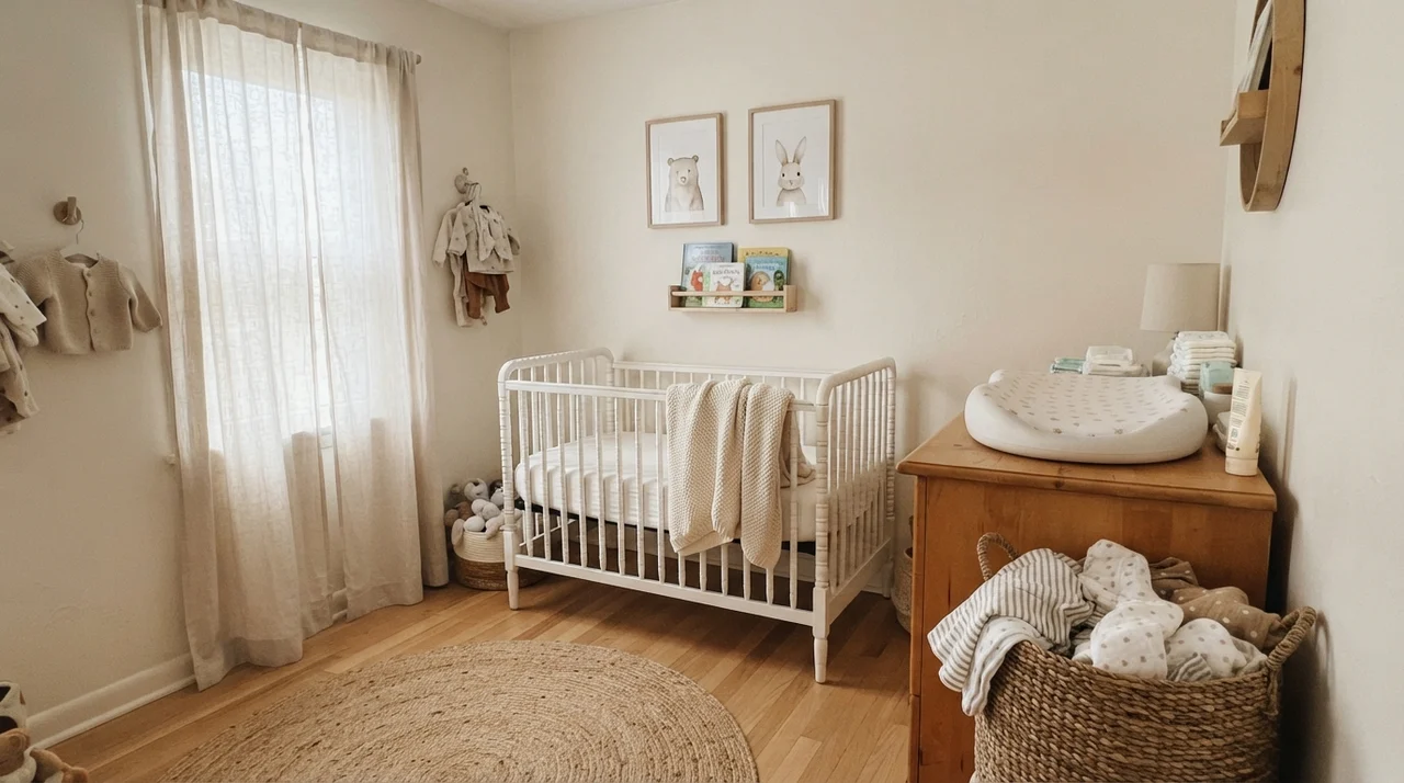 Nursery with cream walls, light wood dresser, and white crib.