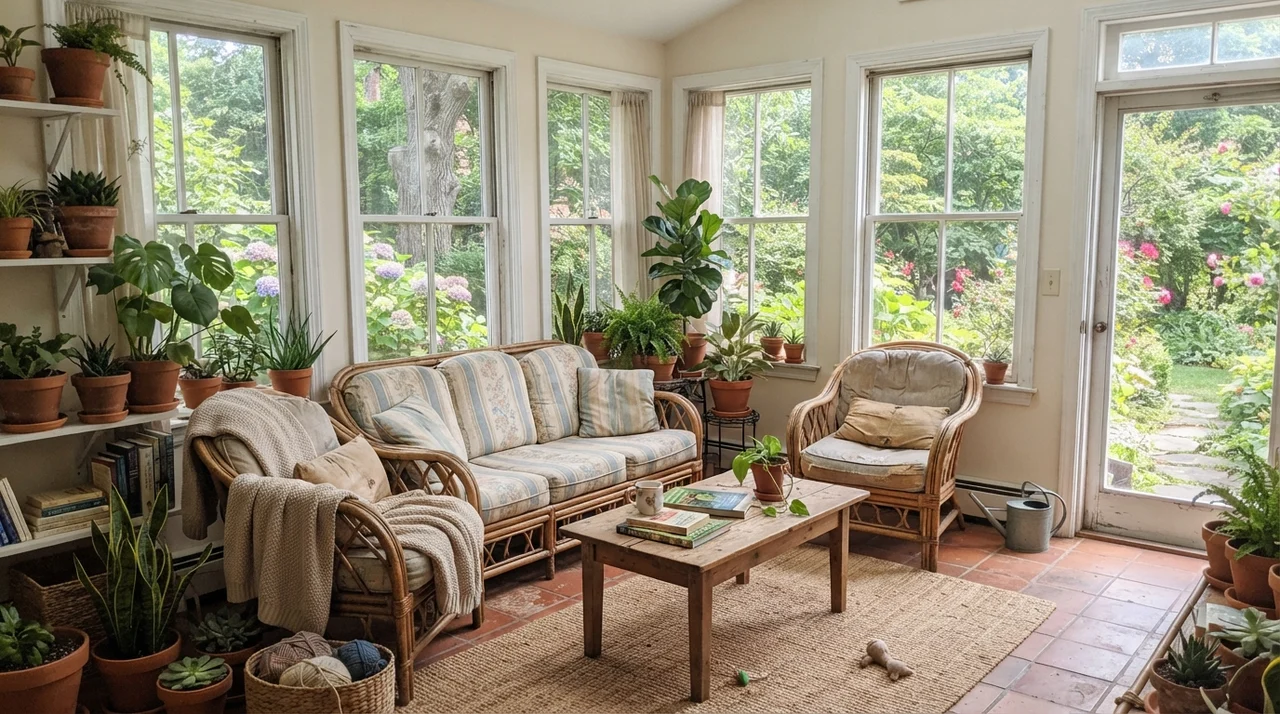 Sunroom with off-white walls, white window frames, and green plants.
