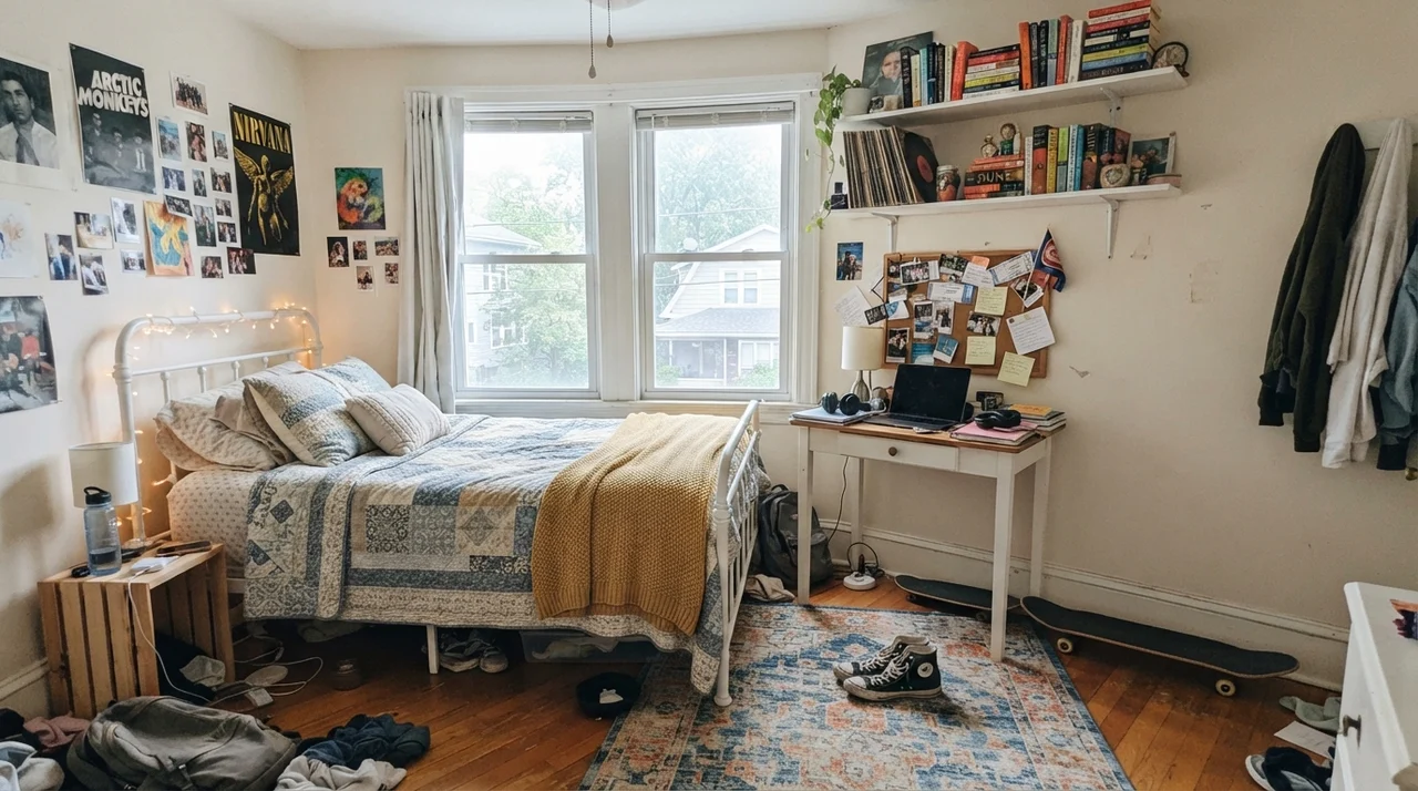 Teen bedroom with off-white walls, white metal bed, and study desk.