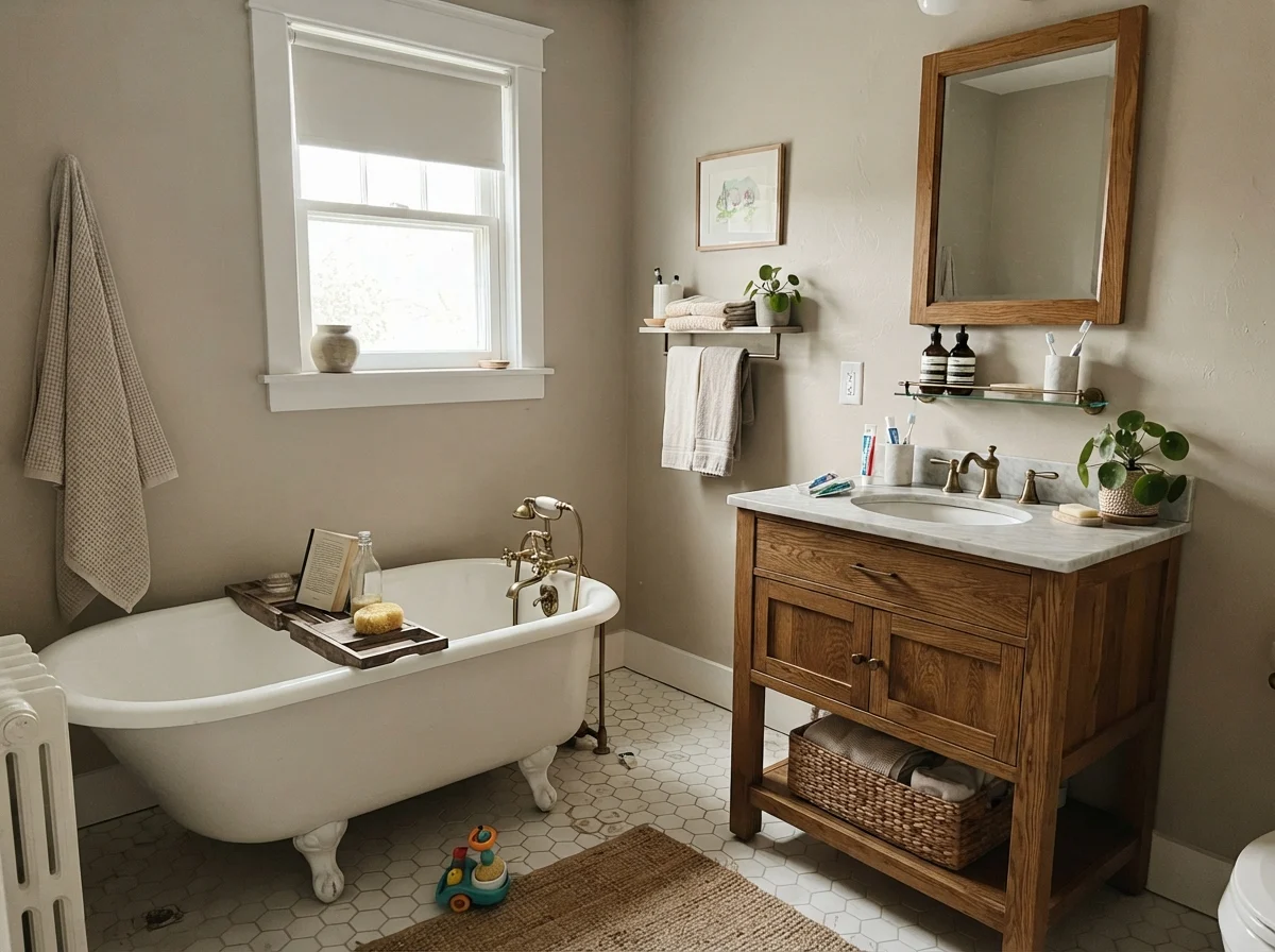 Cottage bathroom featuring Creamy Mushroom walls, a white clawfoot tub, and warm oak vanity.