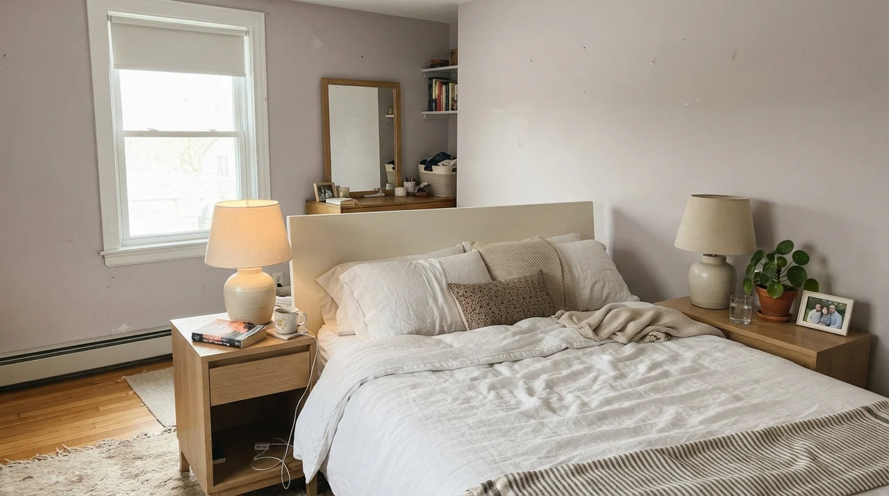 Serene main bedroom with Creamy Mushroom painted walls, pale oak furniture, and white linen.