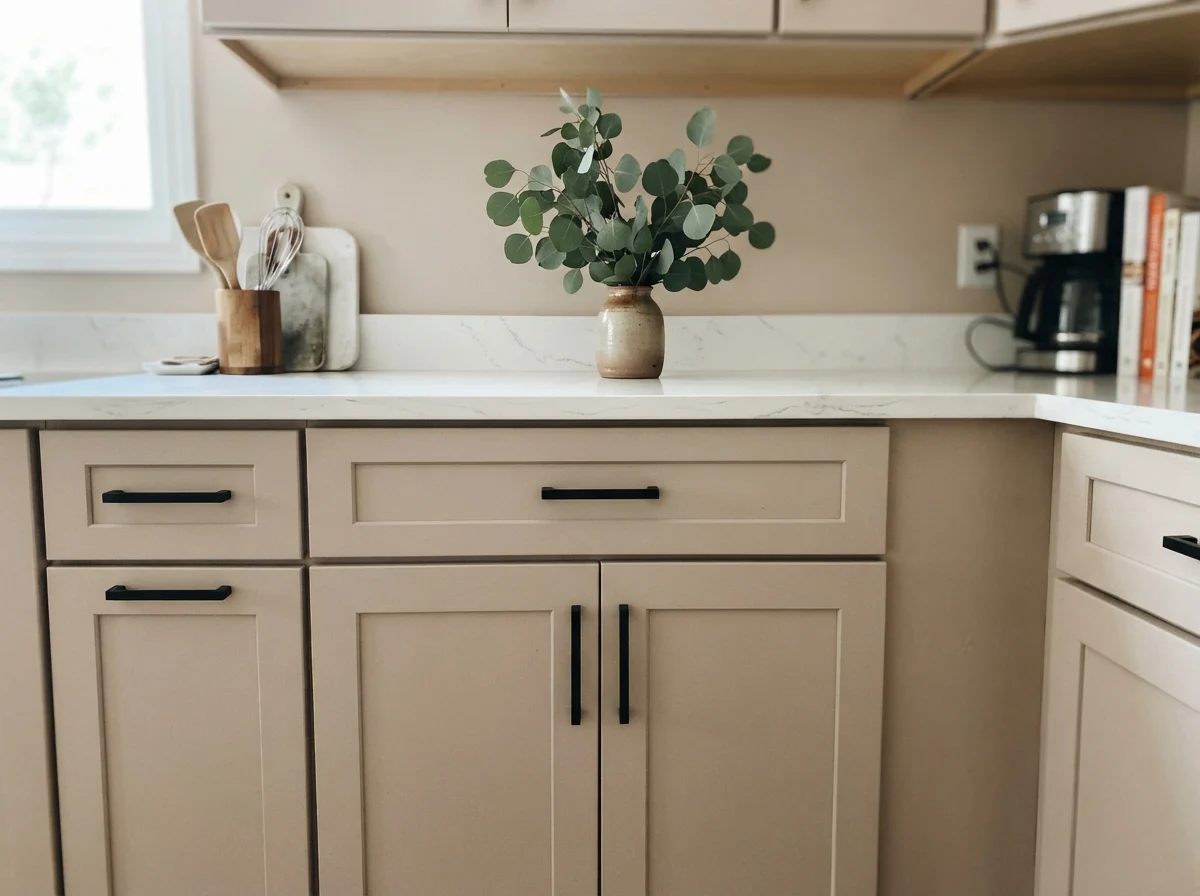 Close-up of Creamy Mushroom painted shaker cabinet doors with matte black hardware.