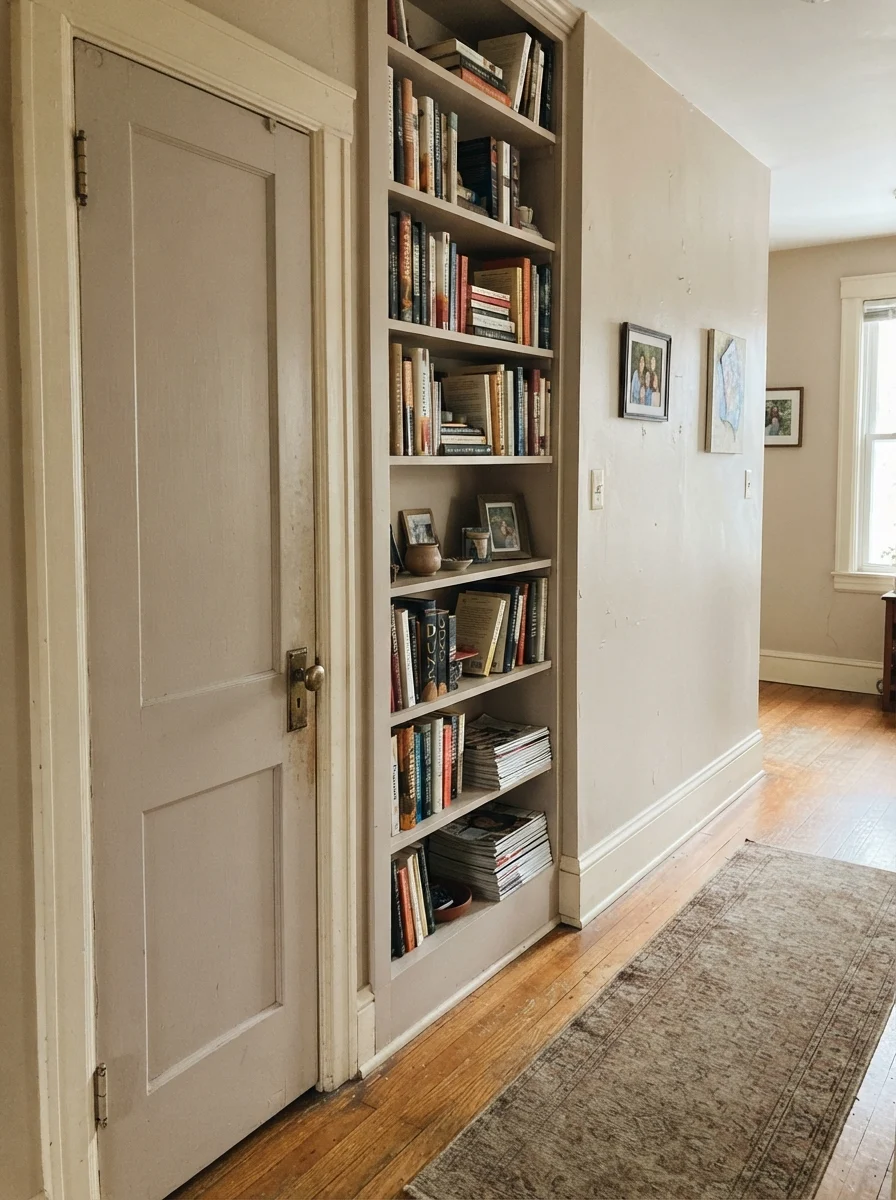 Hallway featuring a door and built-in bookcase painted in Creamy Mushroom.