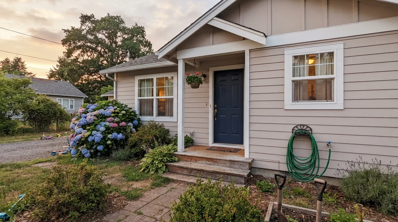 House exterior with horizontal siding painted in Creamy Mushroom with navy front door.
