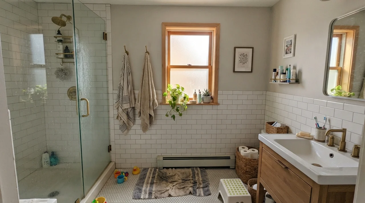 Family bathroom with Creamy Mushroom upper walls above white subway tile wainscoting and brass shower fixtures.