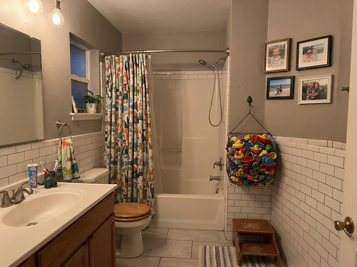 Kids' bathroom at night with Creamy Mushroom walls above white subway wainscoting.