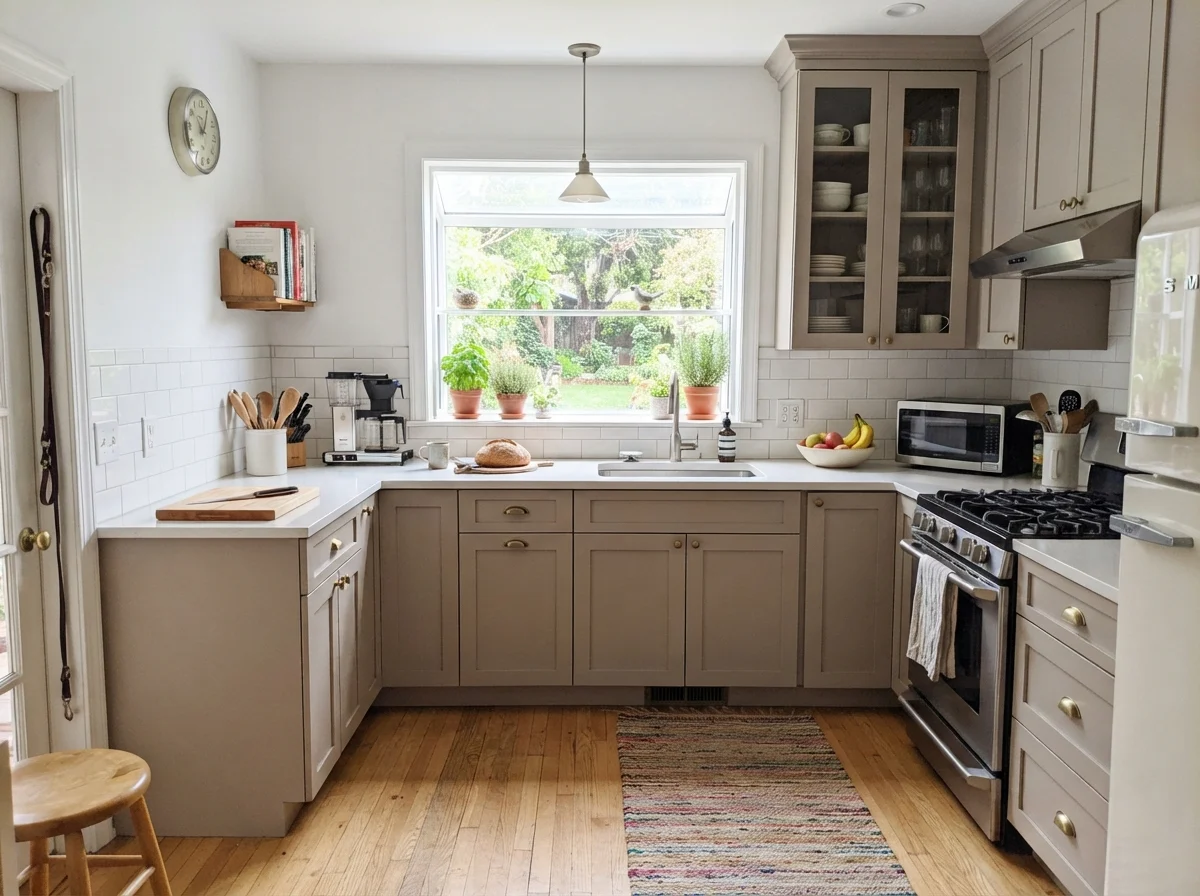 Kitchen with upper and lower shaker cabinets painted Creamy Mushroom and light oak flooring.