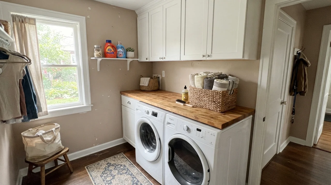 Small laundry room with Creamy Mushroom walls, butcher block counter, and white cabinets.