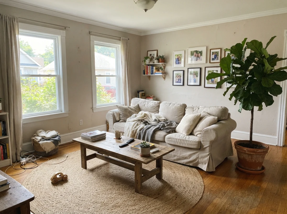 Living room with Creamy Mushroom walls, linen sofa, wood coffee table, and jute rug.
