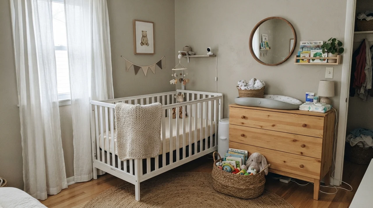 Nursery with Creamy Mushroom walls, white crib, knit blanket, and light wood dresser.