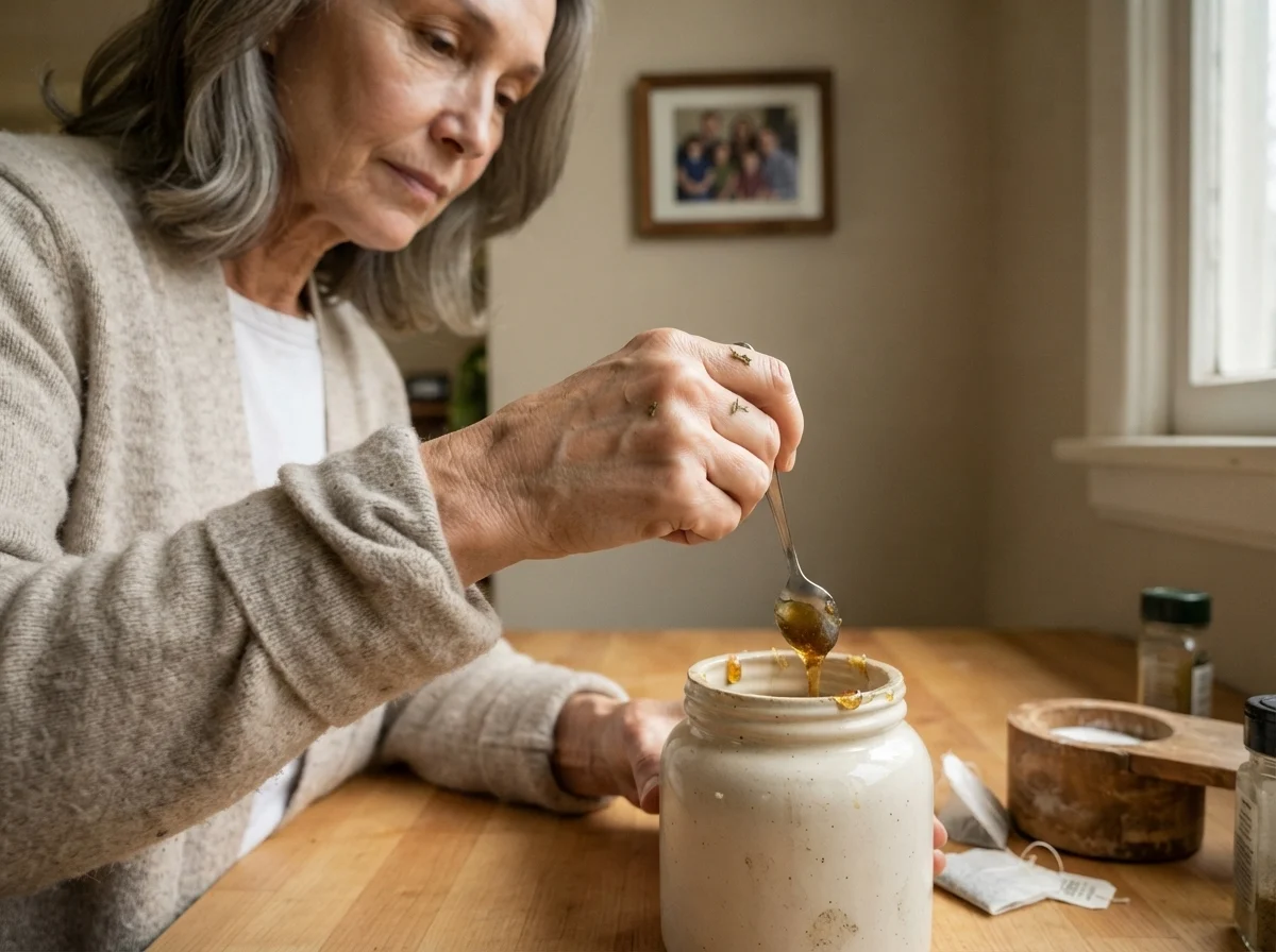 Susan Hartley at the kitchen counter surrounded by Creamy Mushroom walls.