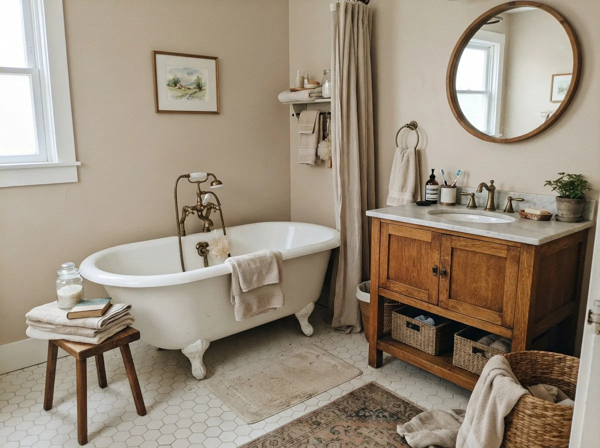 Cottage bathroom featuring a white clawfoot tub, hex tile floor, and oak vanity against warm beige walls.