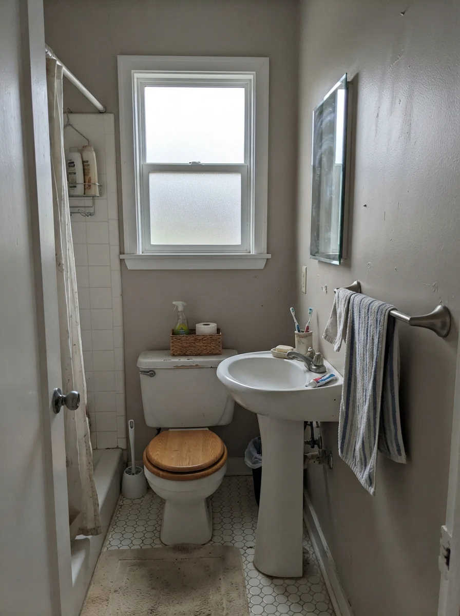 Small bathroom in flat overcast light with painted walls, white fixtures, and a simple towel bar.