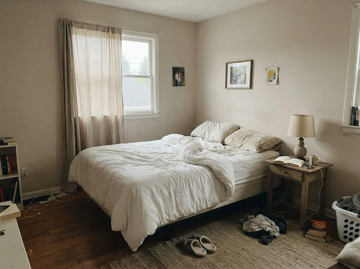 Simple bedroom in cool early-morning light with unmade bedding and wood nightstand.