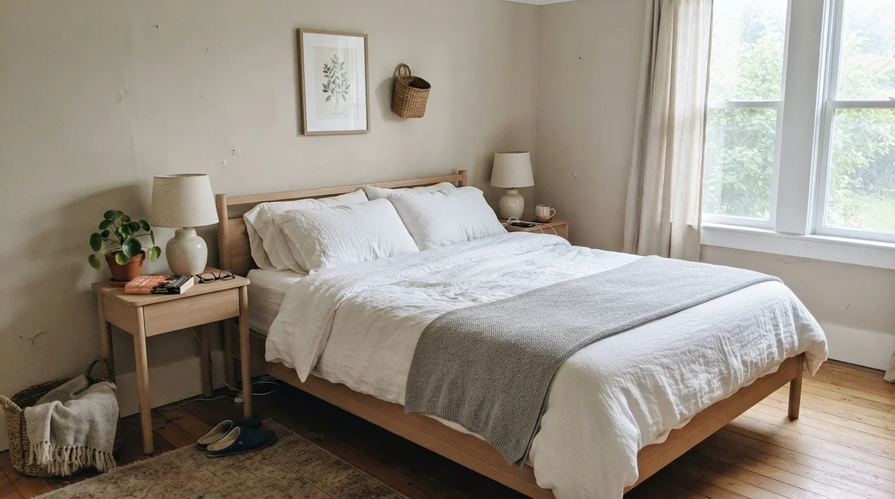 Serene master bedroom with beige painted walls, white linen bedding, and pale oak nightstands.