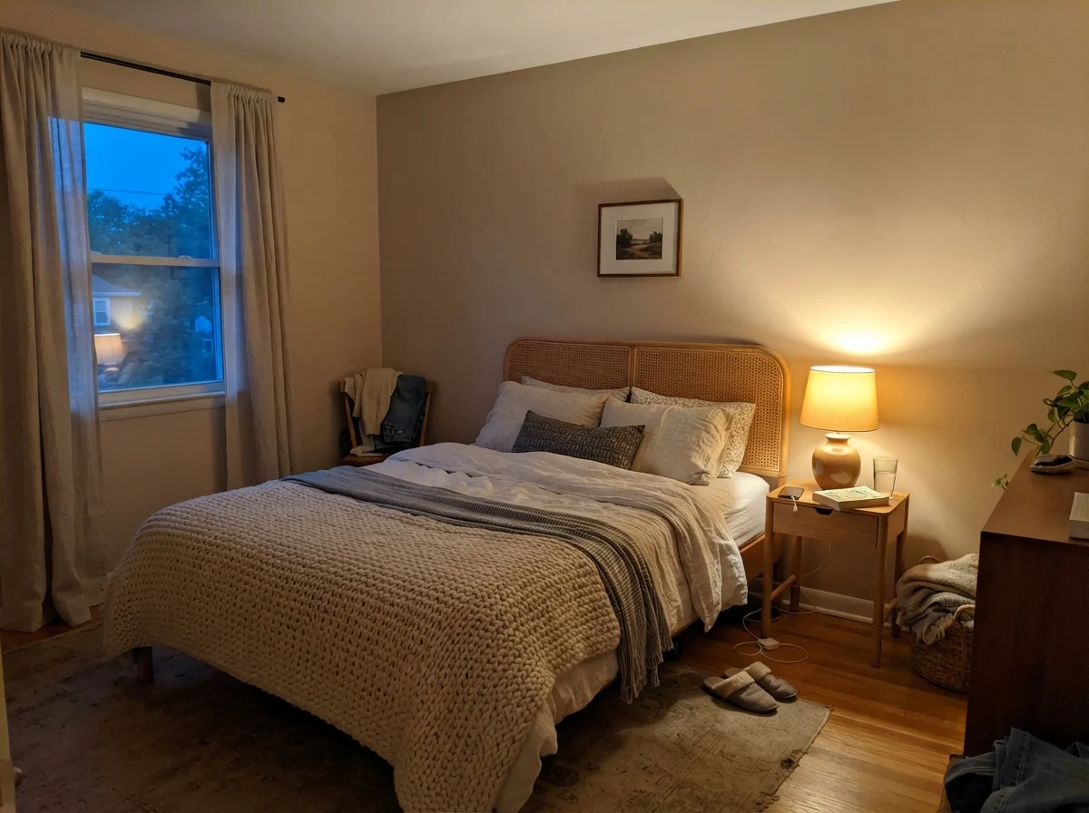 Bedroom at dusk with warm lamp light illuminating the painted wall beside a rattan headboard.