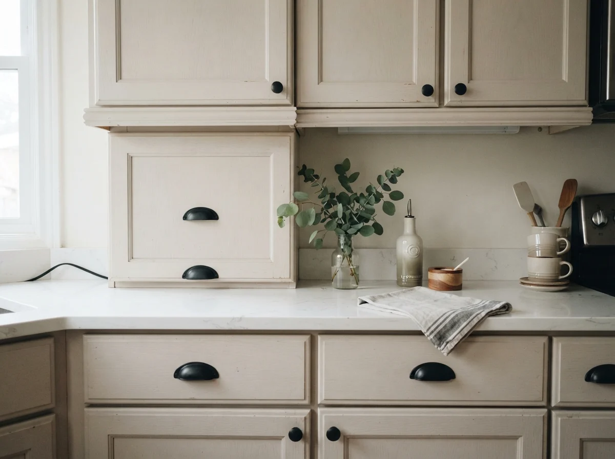 Close-up of painted beige shaker cabinets with matte black pulls and white quartz counter.