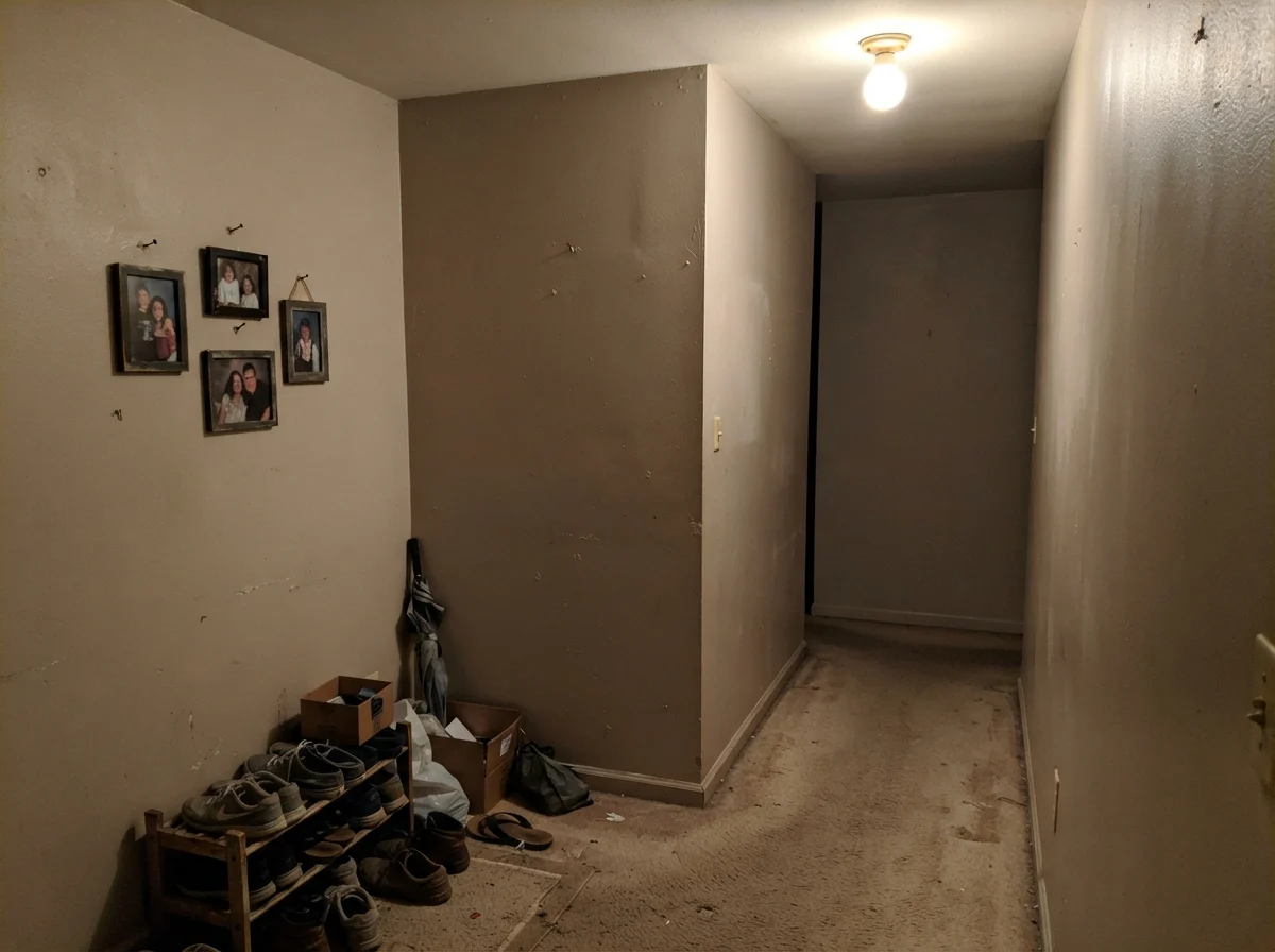 Windowless dim hallway corner showing painted walls looking muddy and flat under artificial light.