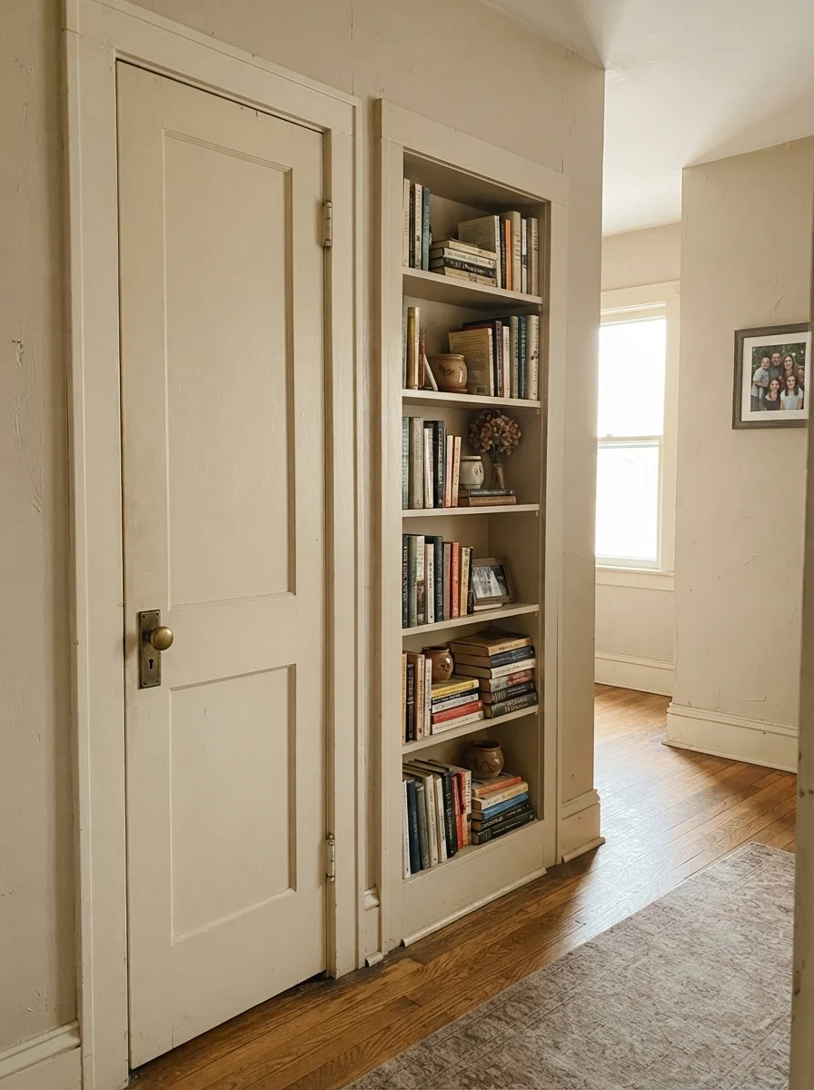 Hallway featuring a painted beige two-panel door and built-in bookshelf with stacked books.