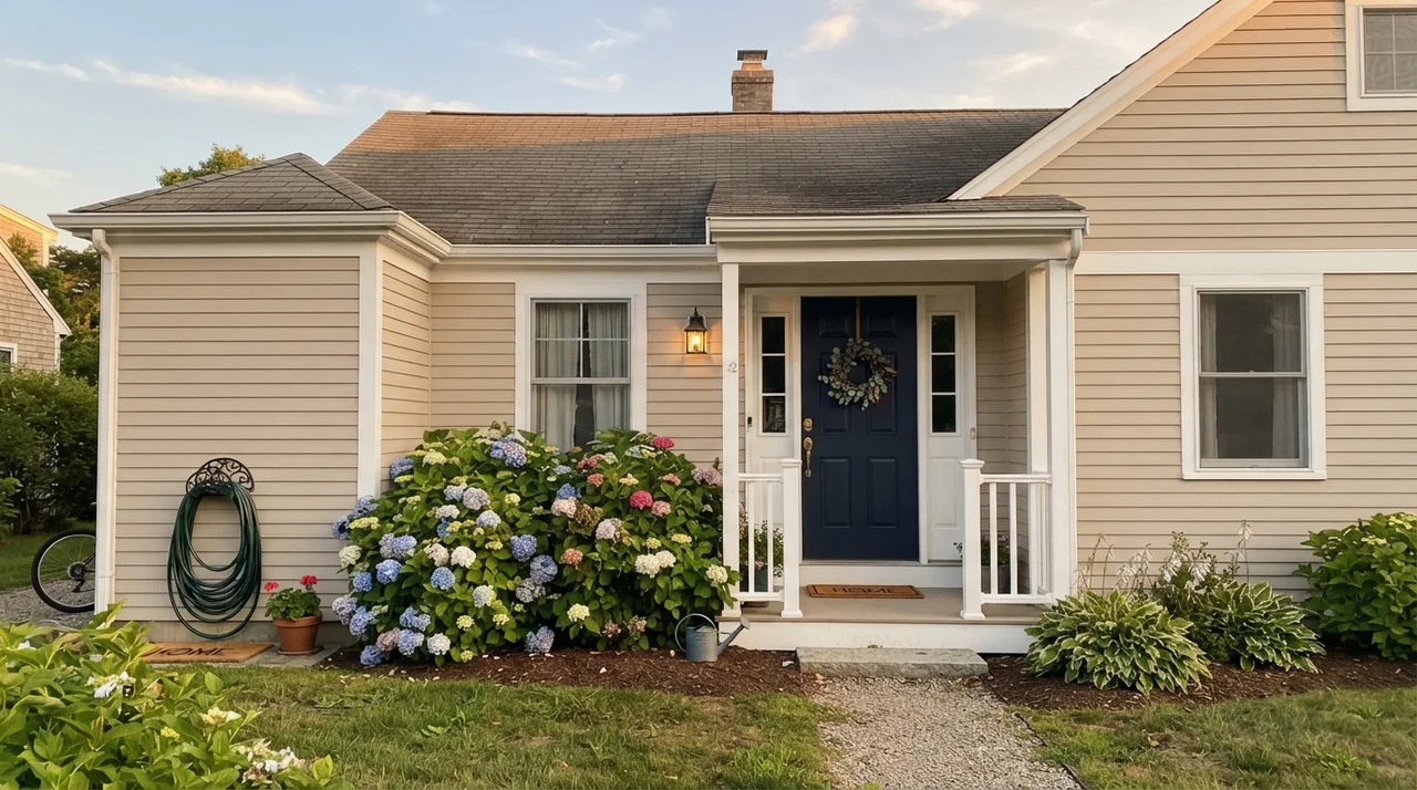 House exterior with horizontal siding painted beige, white trim, dark navy door, and hydrangeas.