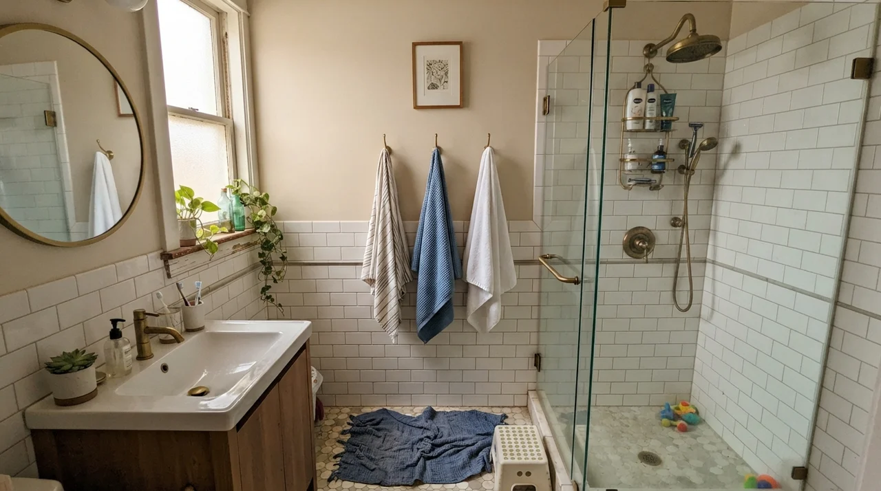 Family bathroom with upper walls painted warm beige above white subway tile wainscoting and brass fixtures.