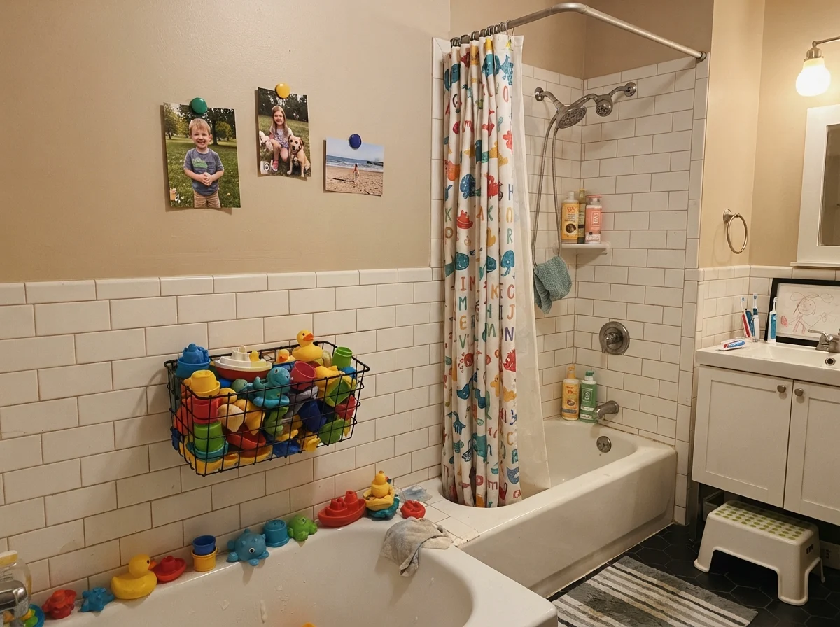 Kids bathroom with painted walls above white subway wainscot, shower curtain, and wire basket of bath toys.