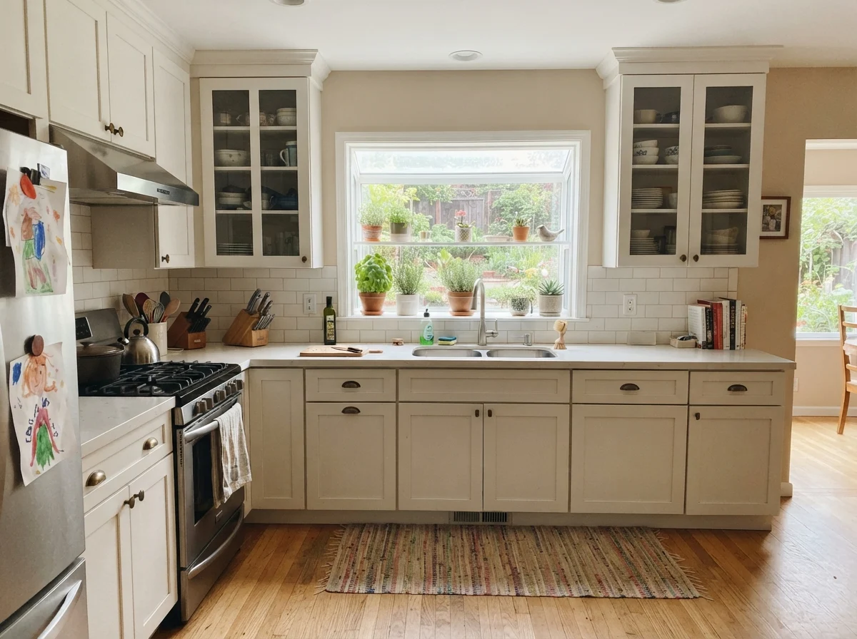 Kitchen with upper and lower shaker cabinets painted beige, white tile backsplash, and light oak floor.
