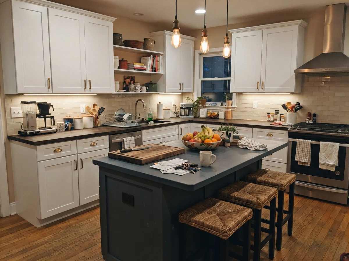 Kitchen with painted beige island, white perimeter cabinets, cream walls, and fruit bowl.