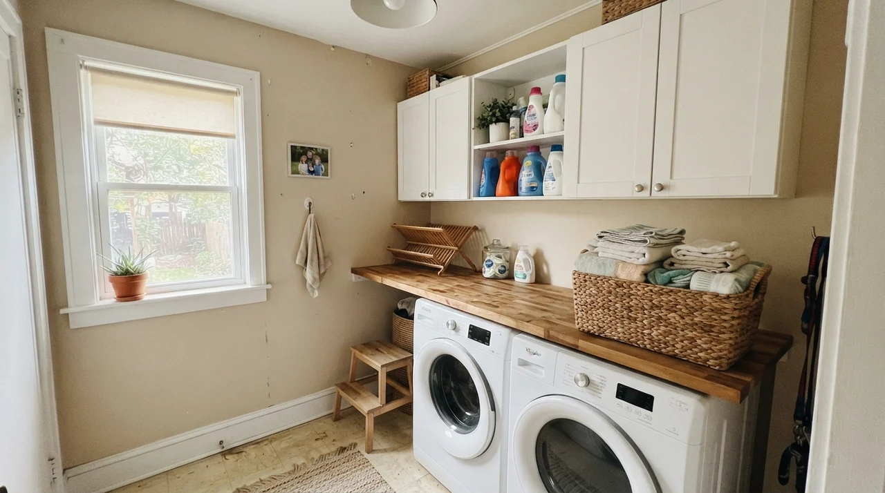 Laundry room with painted walls, white upper cabinets, butcher block counter, and washer dryer.