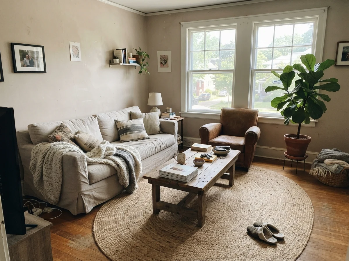 Bright living room with Even Better Beige walls, linen sofa, wood coffee table, and jute rug.