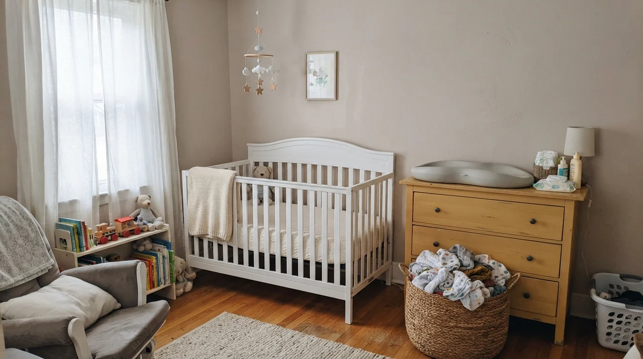 Nursery with painted walls, white wooden crib, knit blanket, and light wood dresser.