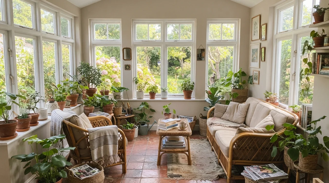 Sunroom with many white-framed windows, rattan furniture, and terracotta planters against painted walls.