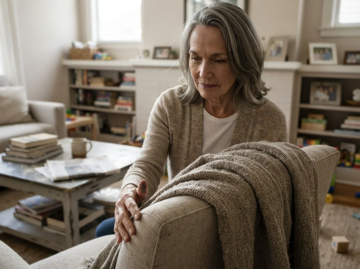 Susan adjusting a throw blanket on an armchair against Even Better Beige living room walls.