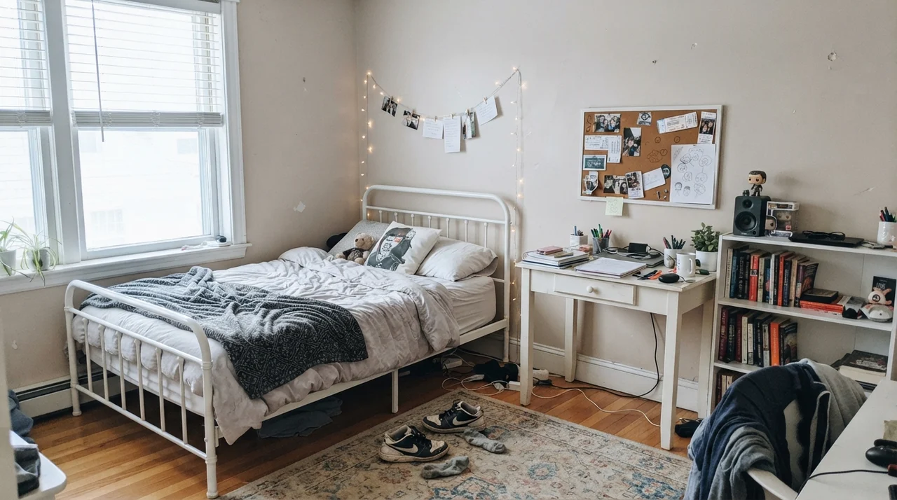Teenager bedroom with painted walls, white metal bed, desk with corkboard, and sneakers on rug.